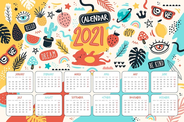 Vettore gratuito calendario del nuovo anno 2021 disegnato a mano