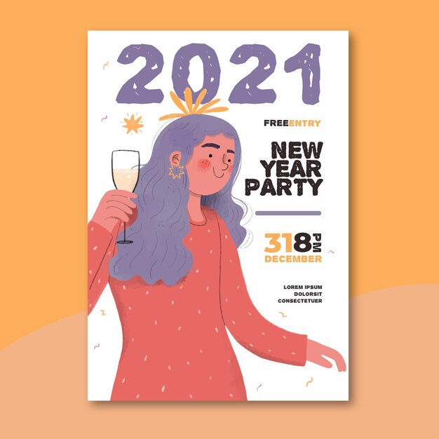 Modello di manifesto del partito di nuovo anno 2021 disegnato a mano