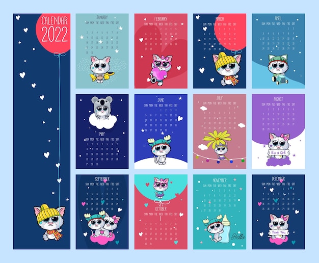 Free vector hand drawn new year 2022 calendar with cute cat