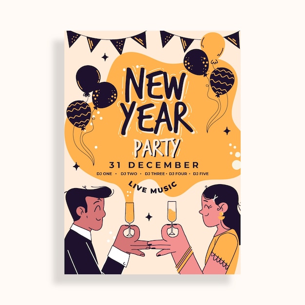 Hand drawn new year vertical party flyer template