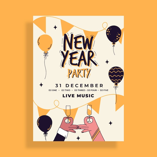 Hand drawn new year vertical party flyer template