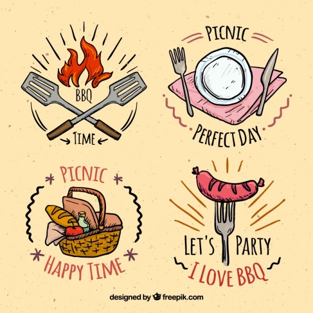 Vettore gratuito disegnata a mano bel barbecue e pic-nic distintivi