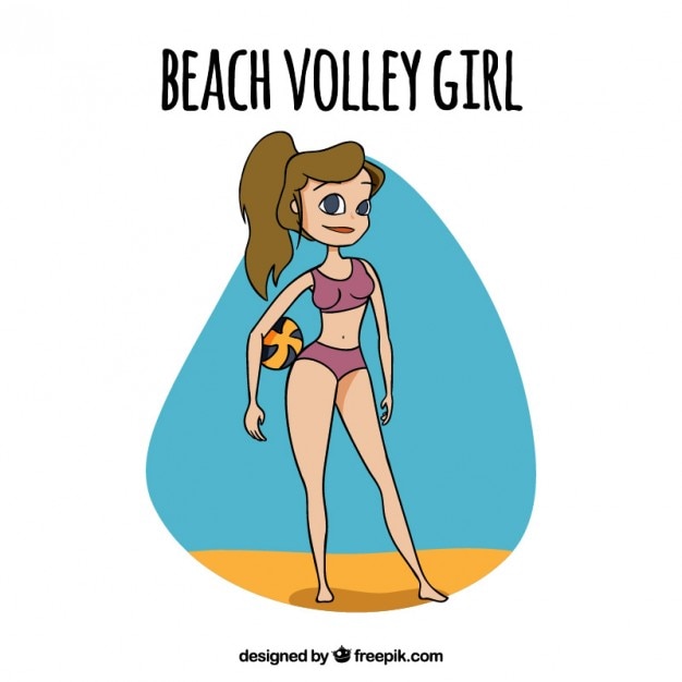 Vettore gratuito disegnato a mano bella ragazza sulla spiaggia a giocare a pallavolo