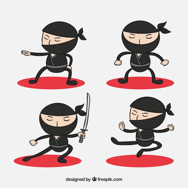 Vettore gratuito disegnato a mano personaggio ninja in diverse pose