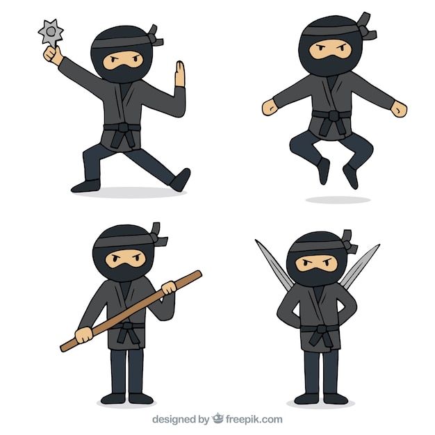 Vettore gratuito disegnato a mano personaggio ninja in diverse pose