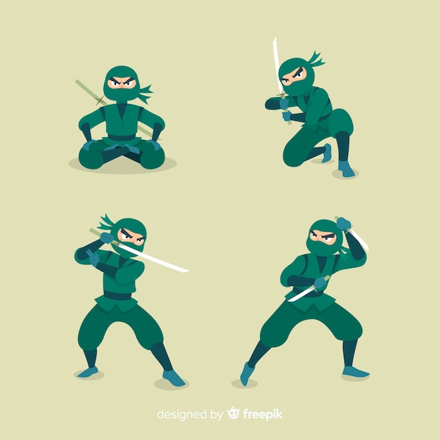 Vettore gratuito disegnato a mano personaggio ninja in diverse pose