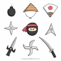 Vettore gratuito collezione di elementi ninja disegnati a mano