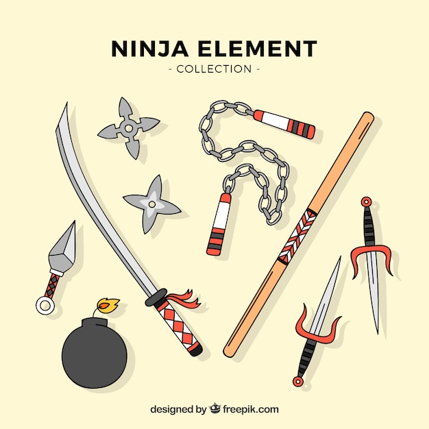 Vettore gratuito collezione di elementi ninja disegnati a mano