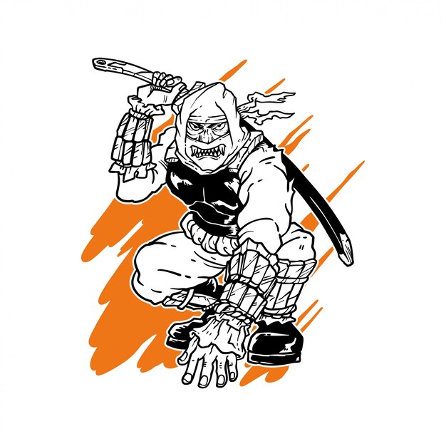 月と素晴らしい侍シルエットイラスト プレミアムベクター