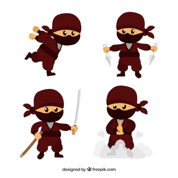 Vettore gratuito collezione di guerrieri ninja disegnati a mano