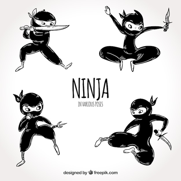 Vettore gratuito guerriero ninja disegnato a mano in diverse pose