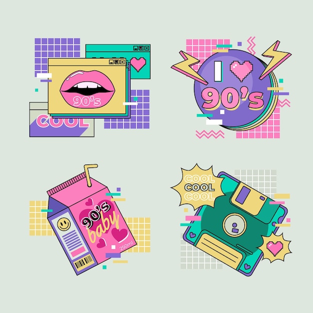 Free vector hand drawn nostalgic 90's badges