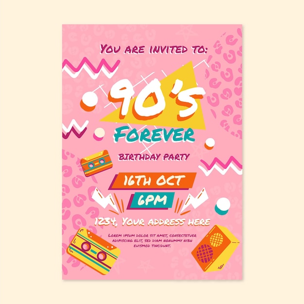 Hand drawn nostalgic 90's birthday invitation