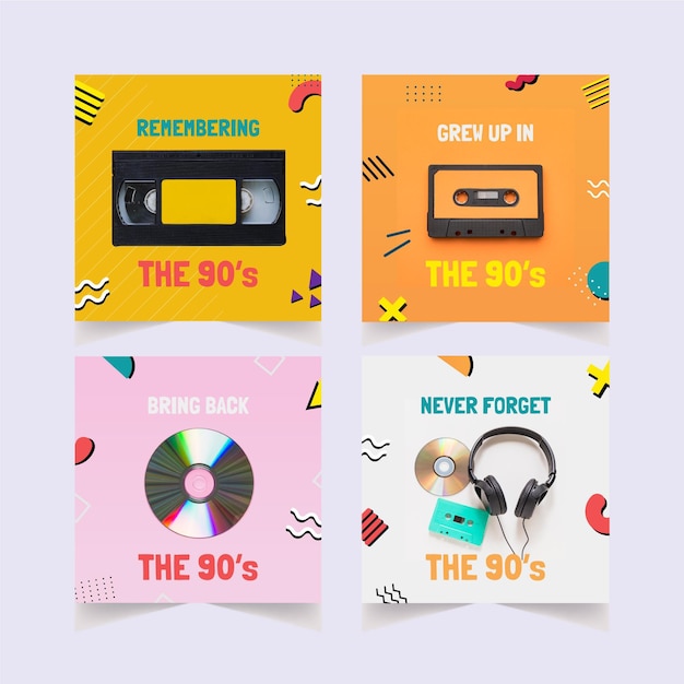 Free vector hand drawn nostalgic 90's instagram posts collection