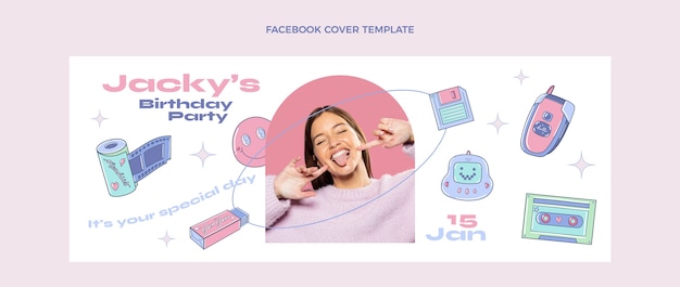 無料ベクター 手描きの懐かしい誕生日のfacebookカバー