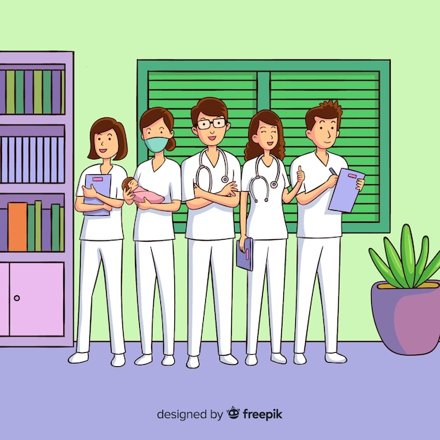 Free vector hand drawn nurse team background