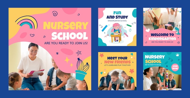 Free vector hand drawn nursery school instagram posts