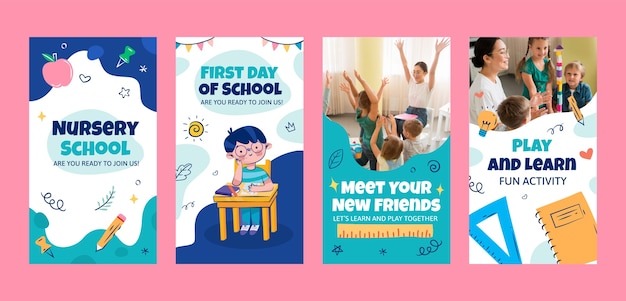 Free vector hand drawn nursery school instagram stories