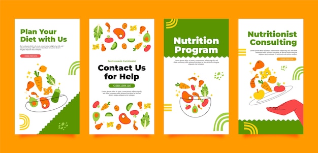 Free vector hand drawn nutritionist advice instagram stories set