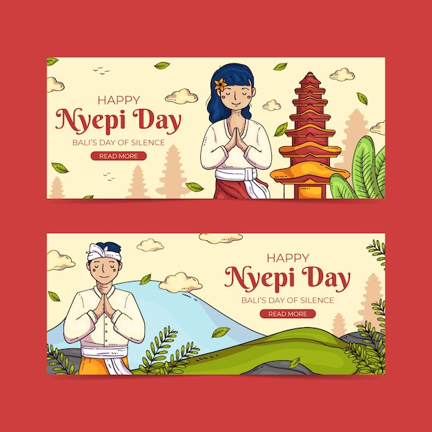 Hand drawn nyepi horizontal banners set