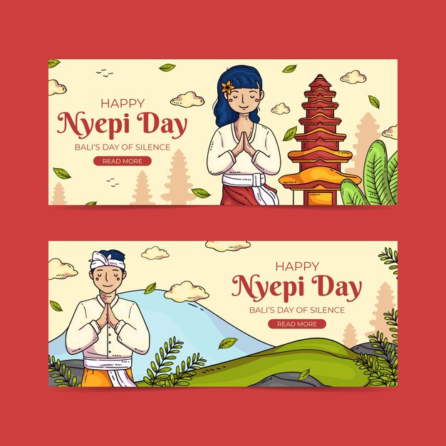 손으로 그린 nyepi 가로 배너 세트