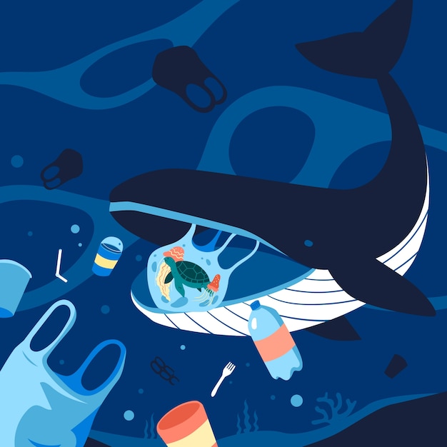 Free vector hand drawn ocean plastic pollution illustration