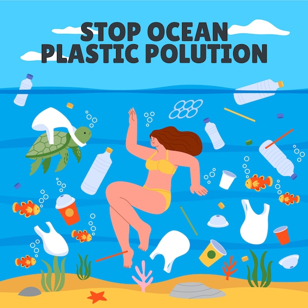 Vettore gratuito illustrazione disegnata a mano dell'inquinamento di plastica dell'oceano