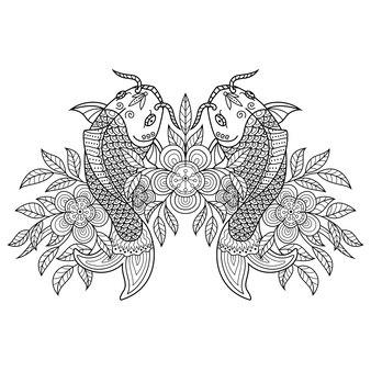 Zentangleスタイルの花と鯉の手描き