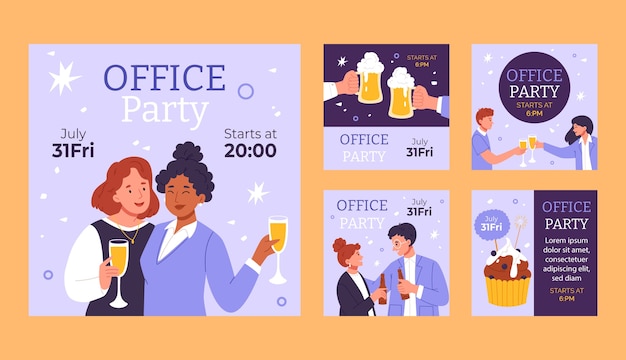 Free vector hand drawn office party instagram posts