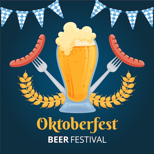 Vettore gratuito disegnata a mano sfondo più oktoberfest con birra e wursts