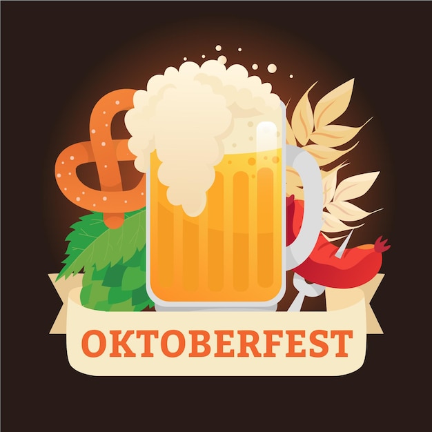 Hand drawn oktoberfest background with pint and pretzel