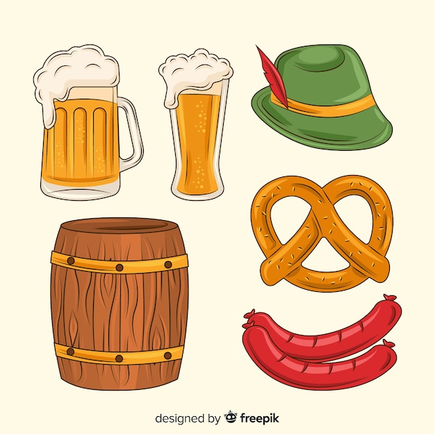 Vettore gratuito collezione di cibo e birra più oktoberfest disegnati a mano