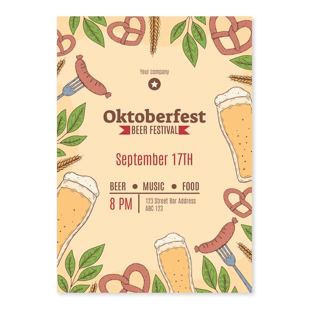 Vettore gratuito modello di poster verticale oktoberfest disegnato a mano