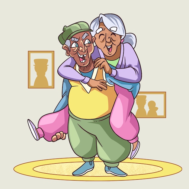 楽しいイラストを持っている手描きの老人