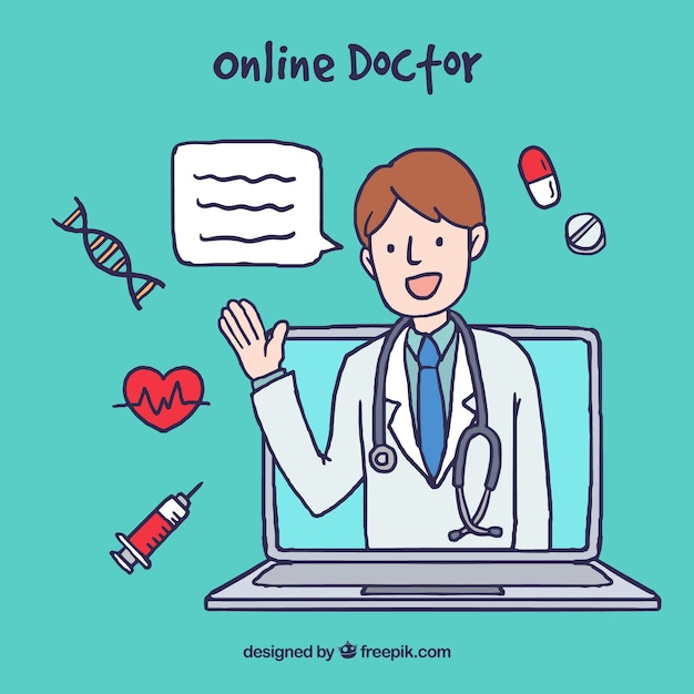 Free vector hand drawn online doctor concept