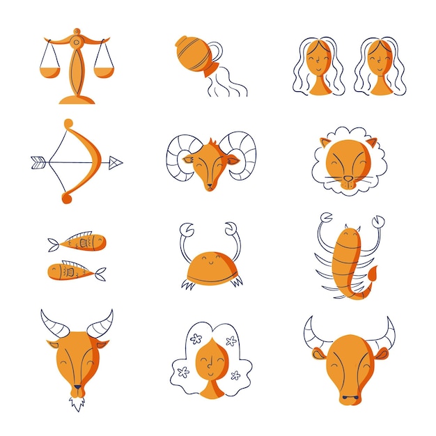 Hand drawn orange zodiac sign collection