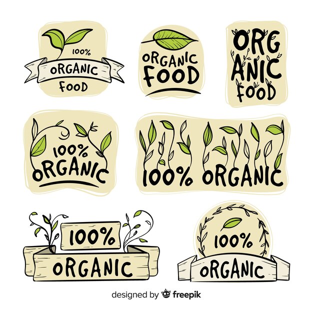 손으로 그린 유기농 식품 라벨 세트