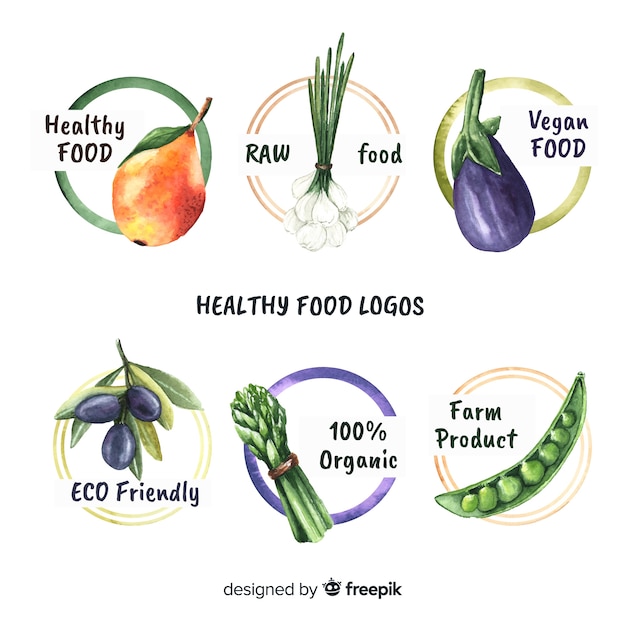 Бесплатное векторное изображение Ручной обращается пакет логотипов органических продуктов питания