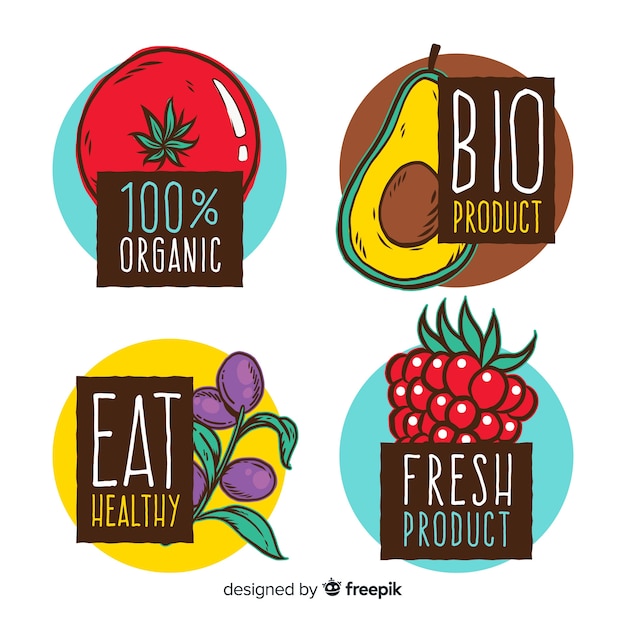 Free vector hand drawn organic fruits label pack