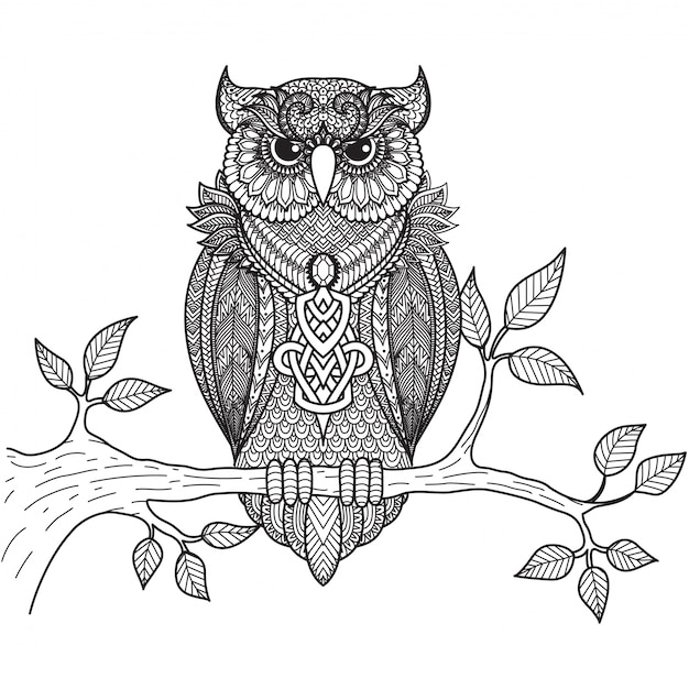 Decorative Owl on a Flowering Branch Coloring Book for Adults. Hand Drawn  Decorative Owl for the Anti Stress Coloring Page Stock Vector -  Illustration of abstract, drawn: 116211446