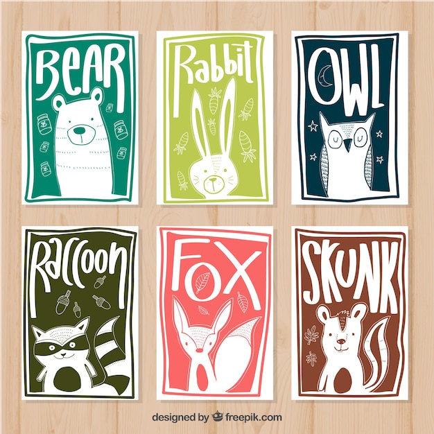 Hand drawn pack of animal cards with modern style