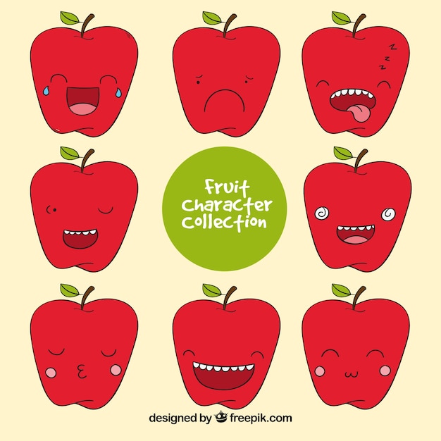 Hand-drawn pack of apple character with expressive faces
