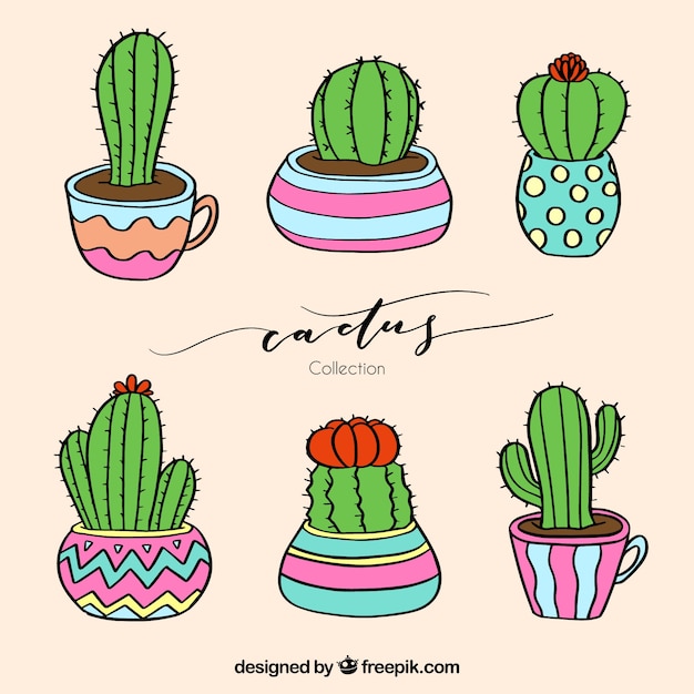 Hand drawn pack of cute cactus