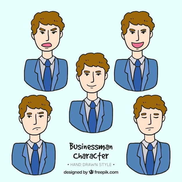 Free vector hand-drawn pack of expressive businessman character with blue suit