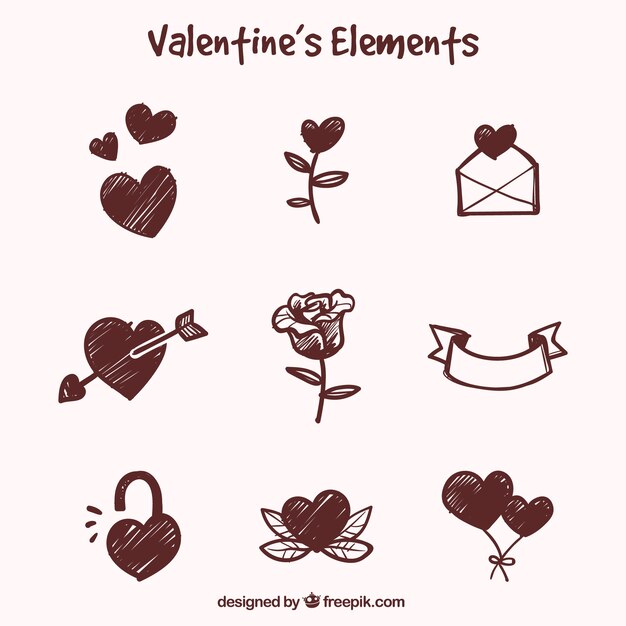 Hand-drawn pack of great objects for valentine's day