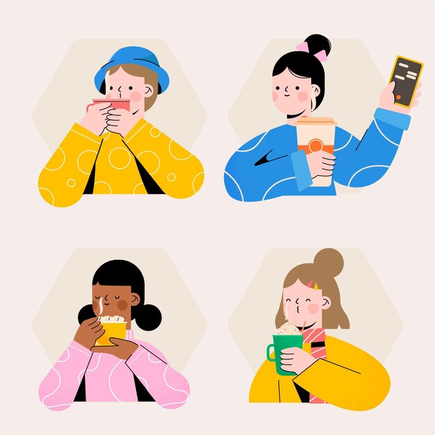 뜨거운 음료를 들고 손으로 그린 팩