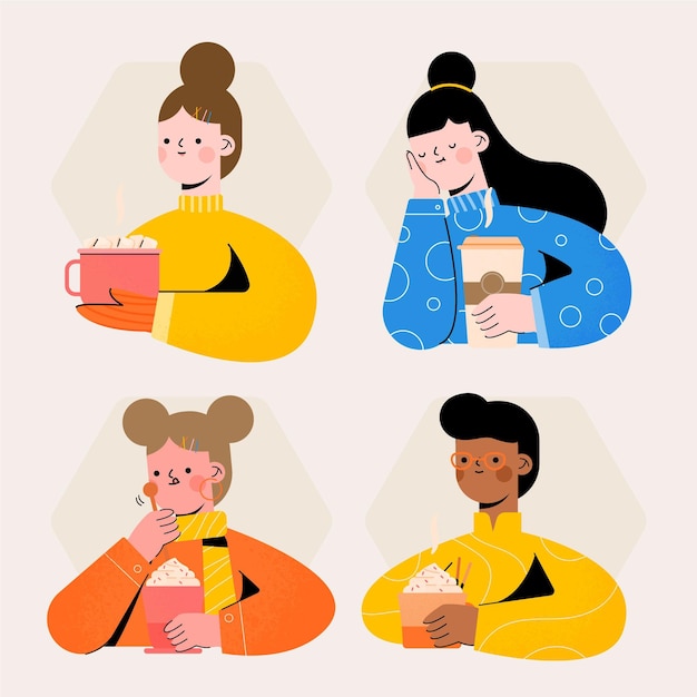 Hand drawn pack of people with hot drinks