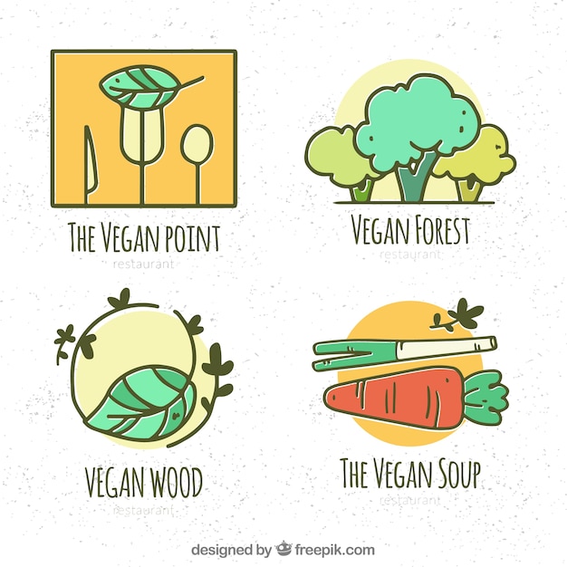 Free vector hand drawn pack of vegan restaurant logos