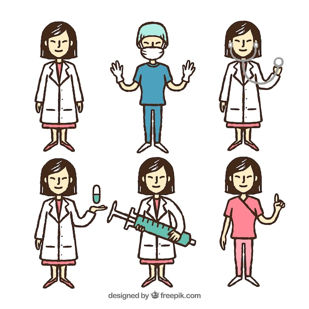 Free Vector hand drawn pack with variety of female doctors