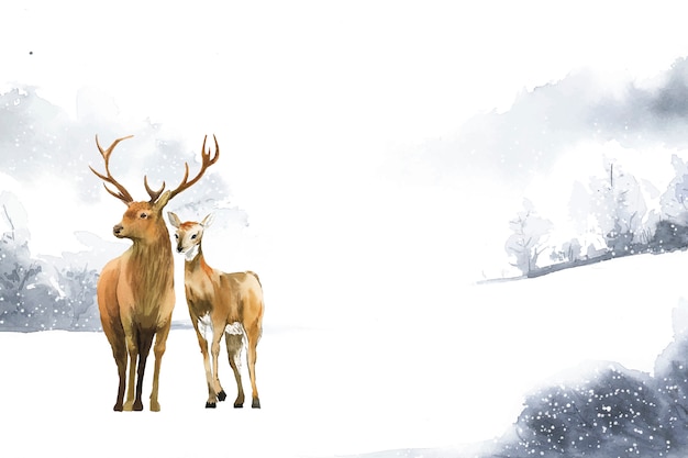 Free vector hand-drawn pair of deer in a winter landscape